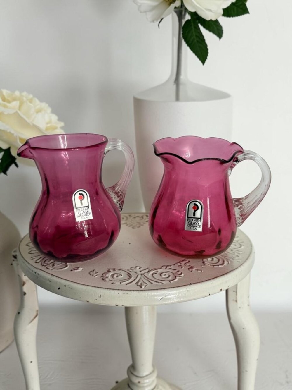 VINTAGE Pilgrim Cranberry‎ GLASS  clear handle Creamers  4” with tags